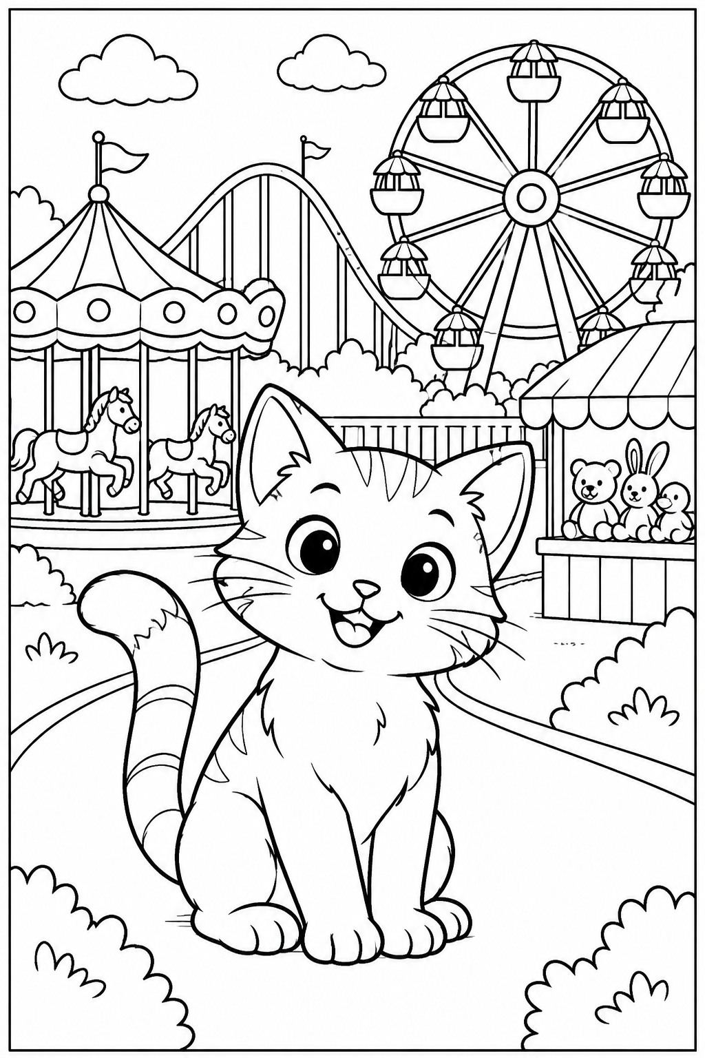 Kat — In het pretpark — zwart-wit kleurplaat