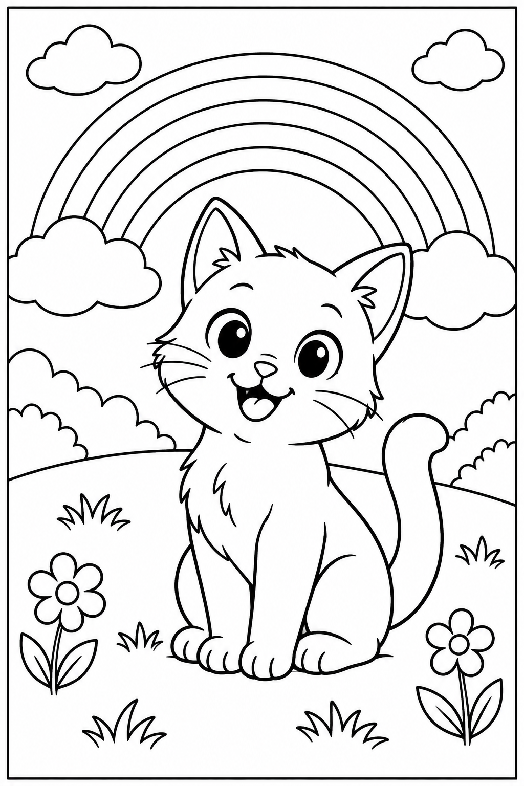 Kat — Bij de regenboog — zwart-wit kleurplaat