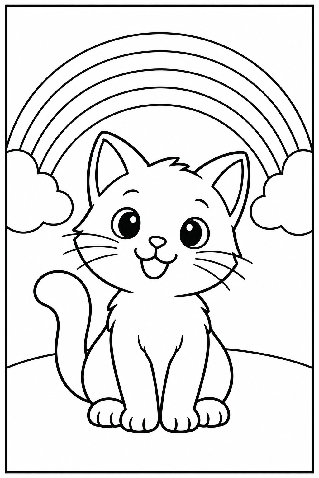 Kat — Bij de regenboog — zwart-wit kleurplaat