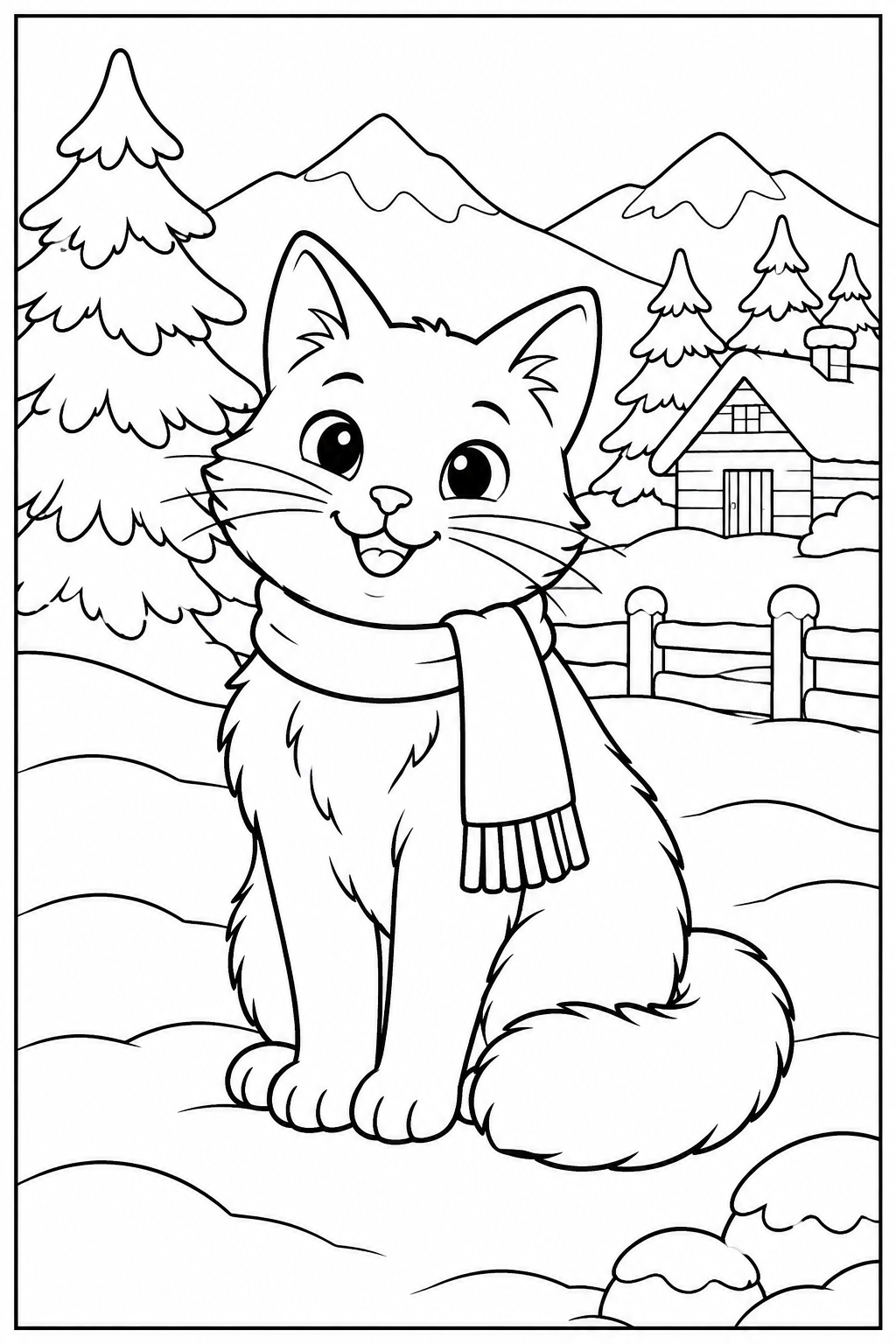 Kat — In de sneeuw — zwart-wit kleurplaat