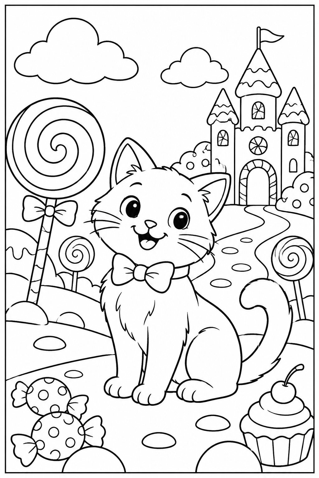 Kat — Snoepjesland — zwart-wit kleurplaat