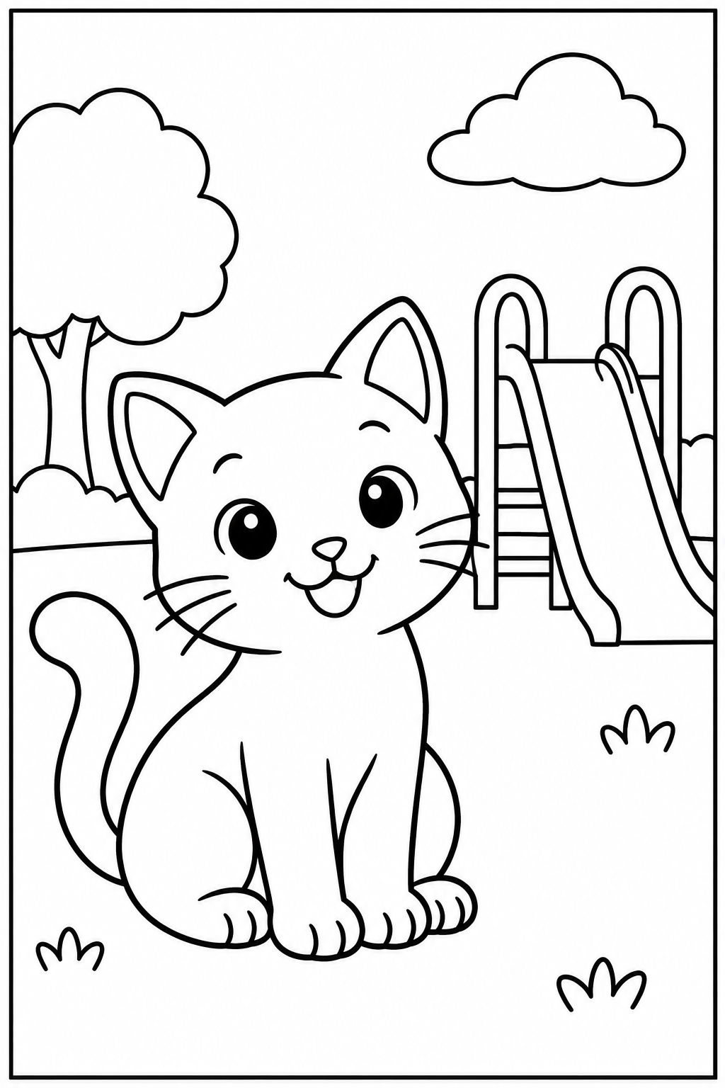 Kat — In de speeltuin — zwart-wit kleurplaat