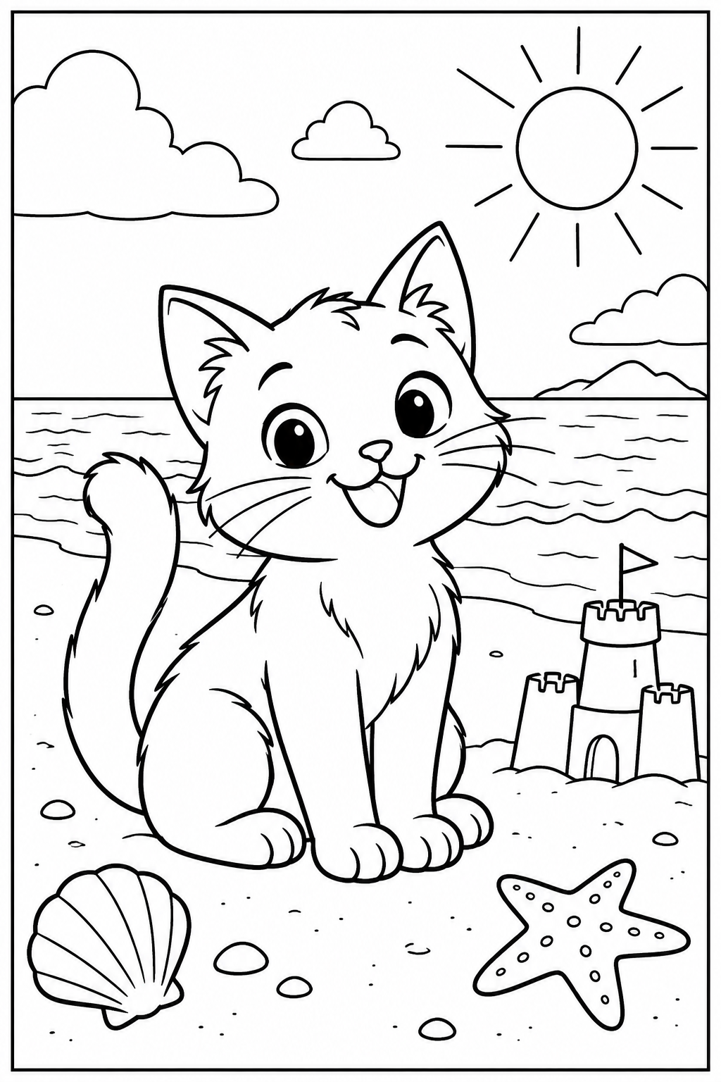 Kat — Op het strand — zwart-wit kleurplaat