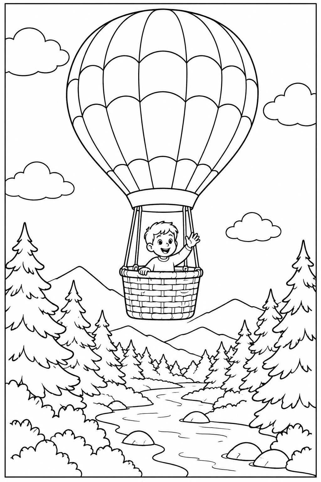 Luchtballon — In het bos — zwart-wit kleurplaat