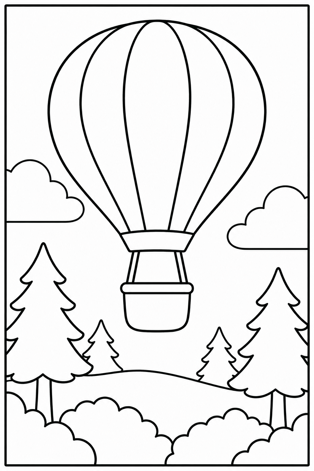 Luchtballon — In het bos — zwart-wit kleurplaat
