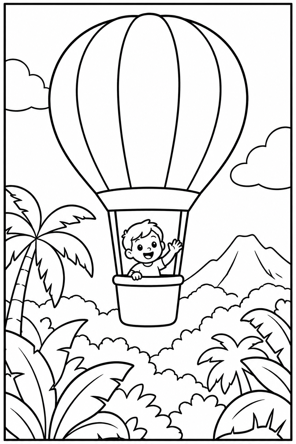 Luchtballon — In de jungle — zwart-wit kleurplaat