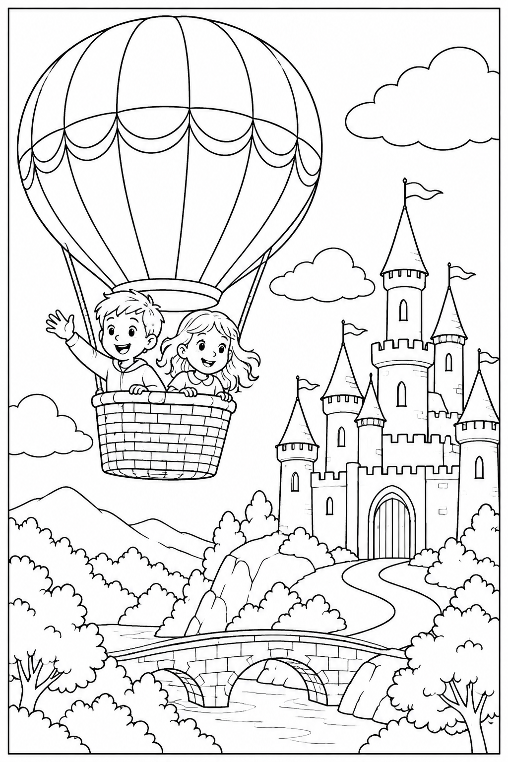 Luchtballon — Bij een kasteel — zwart-wit kleurplaat