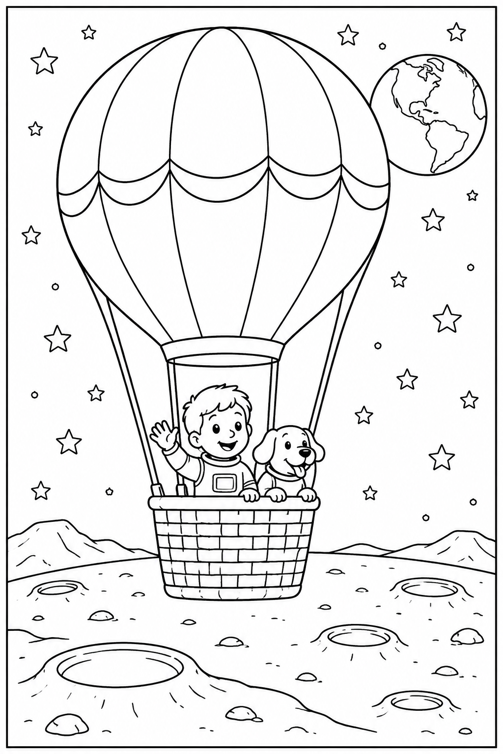 Luchtballon — Op de maan — zwart-wit kleurplaat