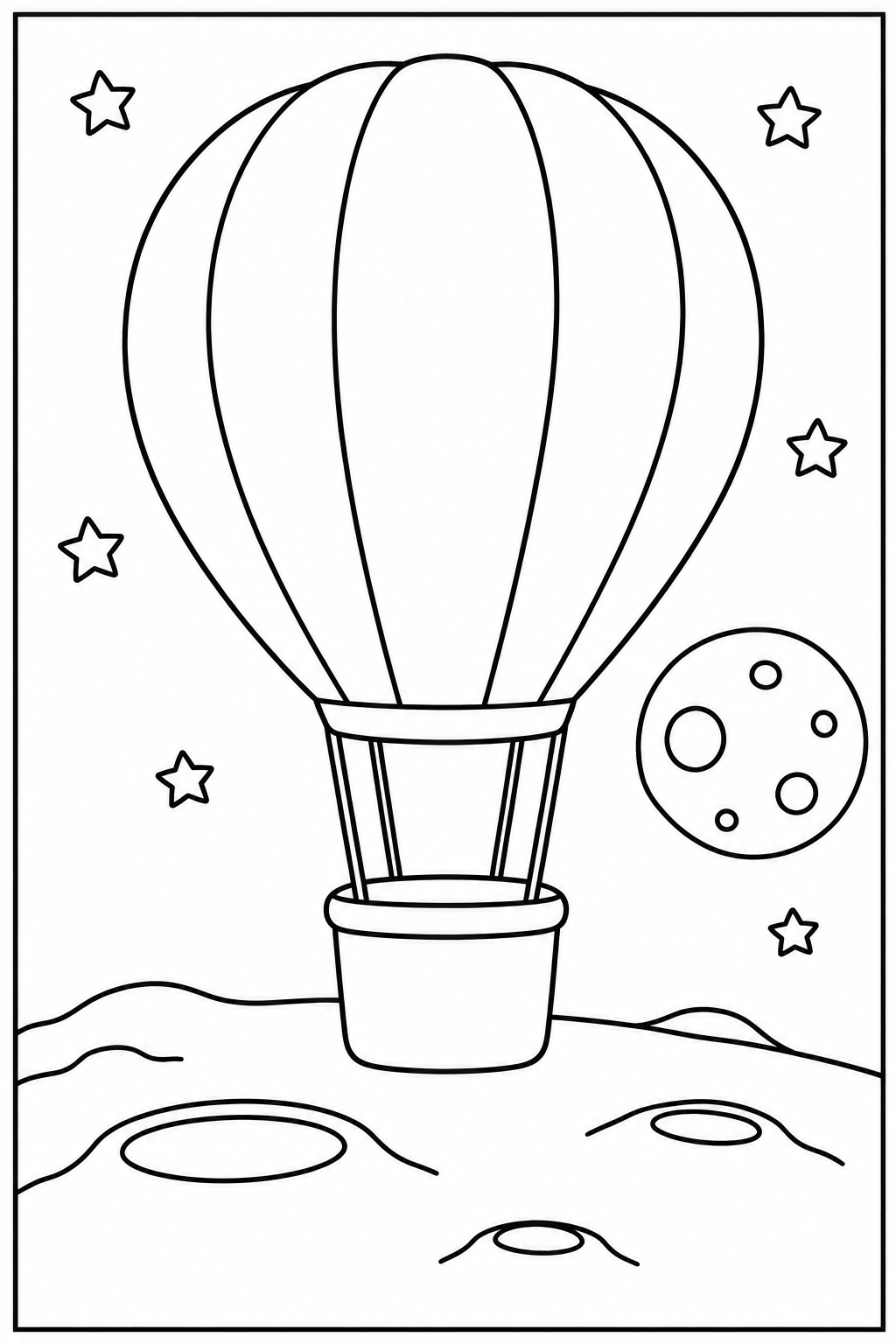 Luchtballon — Op de maan — zwart-wit kleurplaat