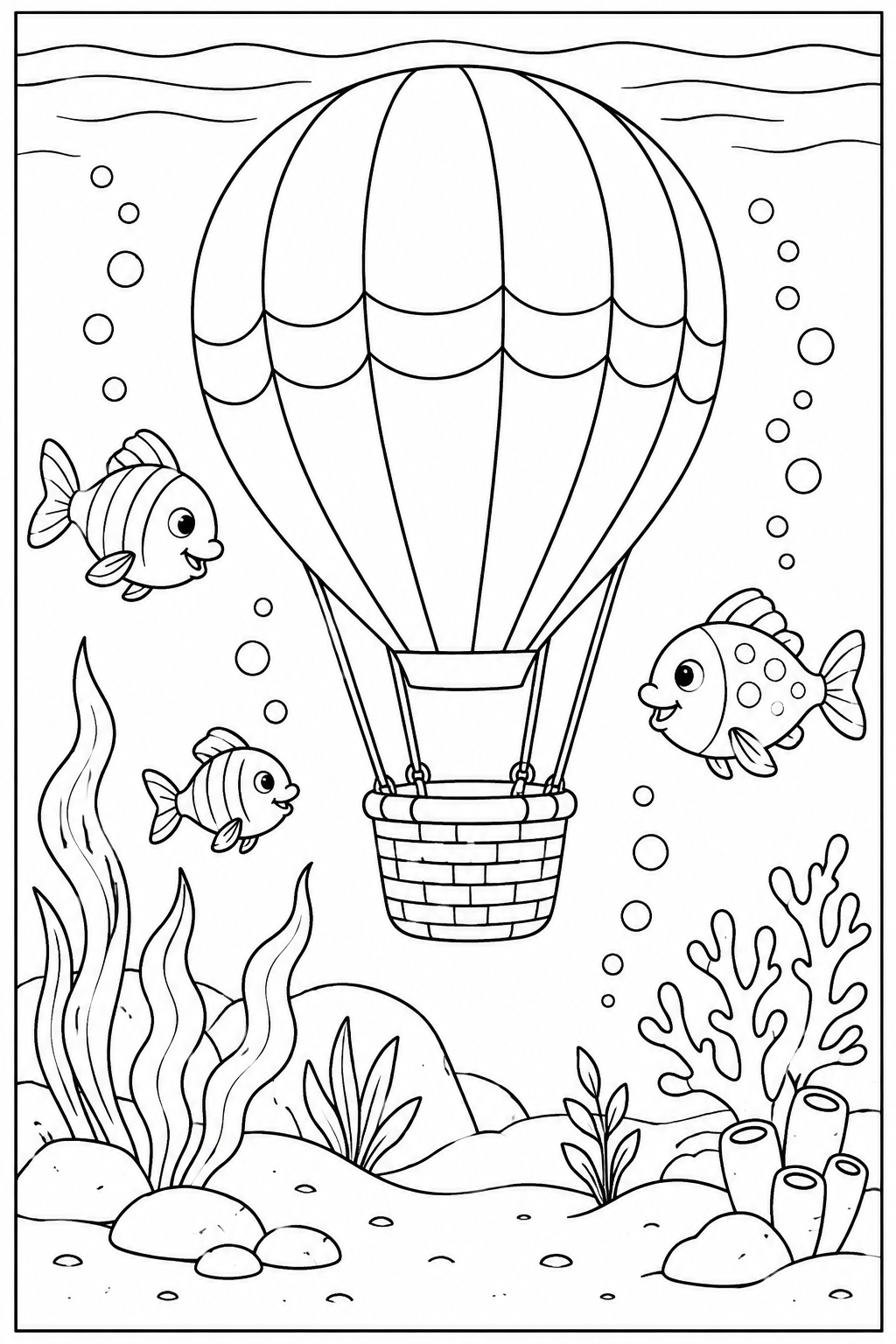 Luchtballon — Onder water — zwart-wit kleurplaat