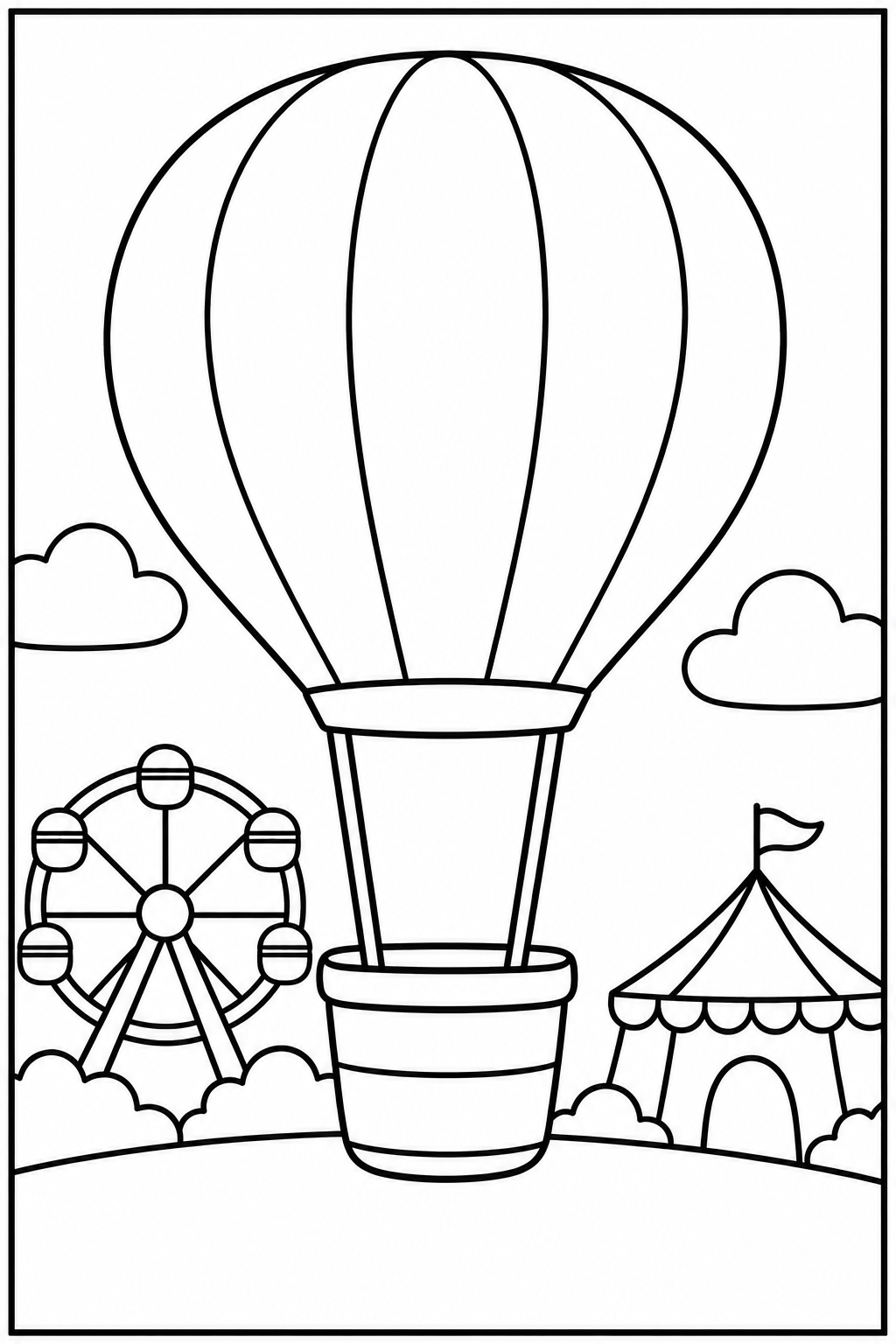 Luchtballon — In het pretpark — zwart-wit kleurplaat