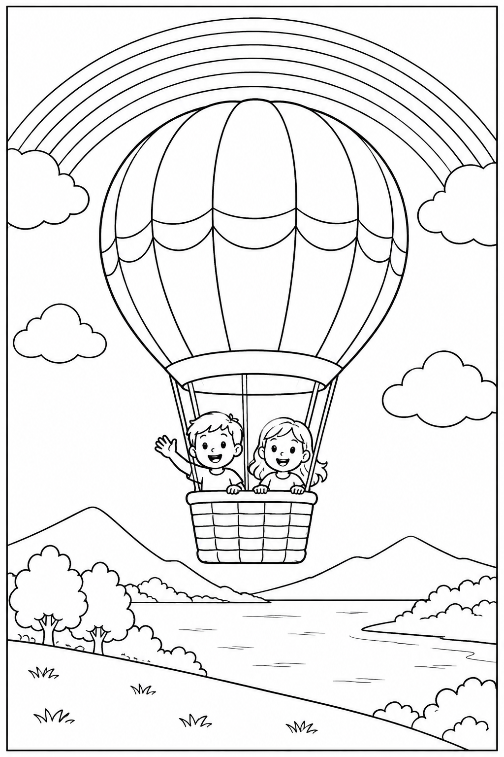 Luchtballon — Bij de regenboog — zwart-wit kleurplaat