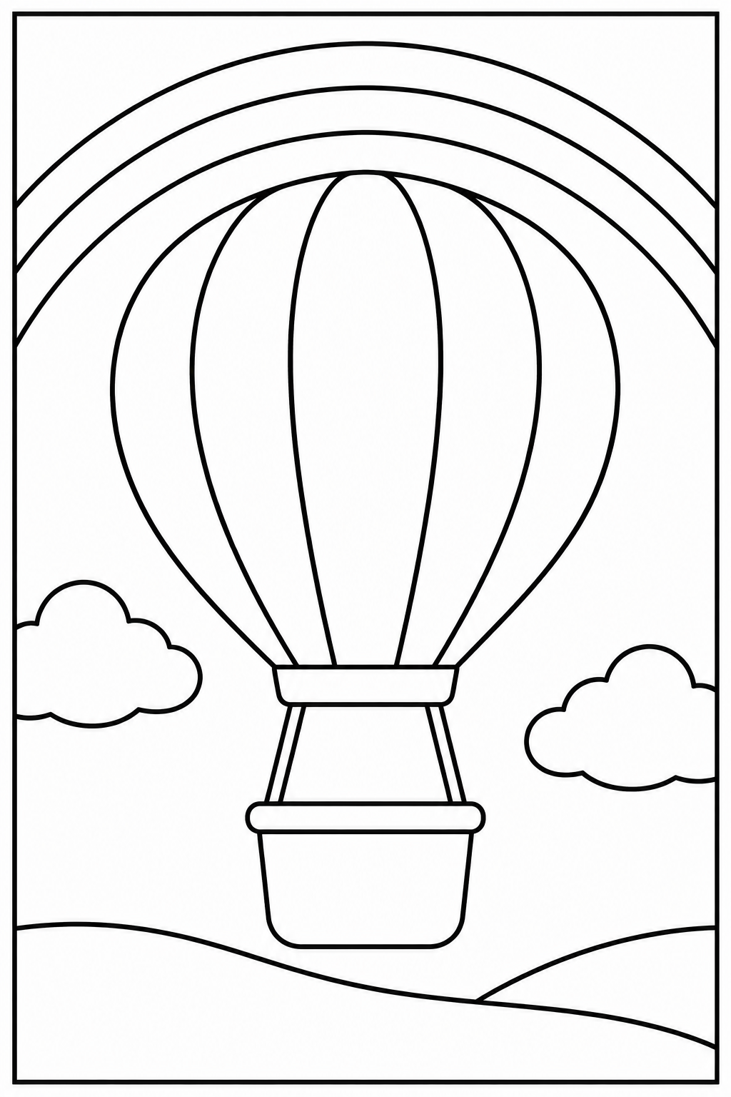 Luchtballon — Bij de regenboog — zwart-wit kleurplaat