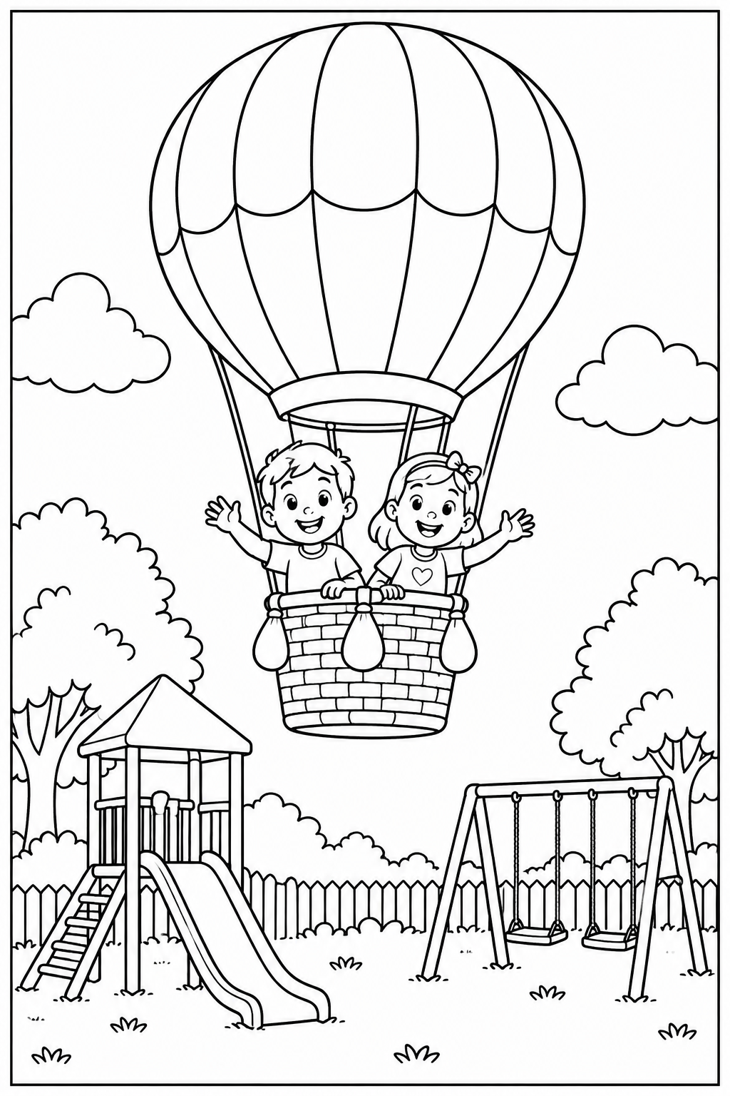 Luchtballon — In de speeltuin — zwart-wit kleurplaat