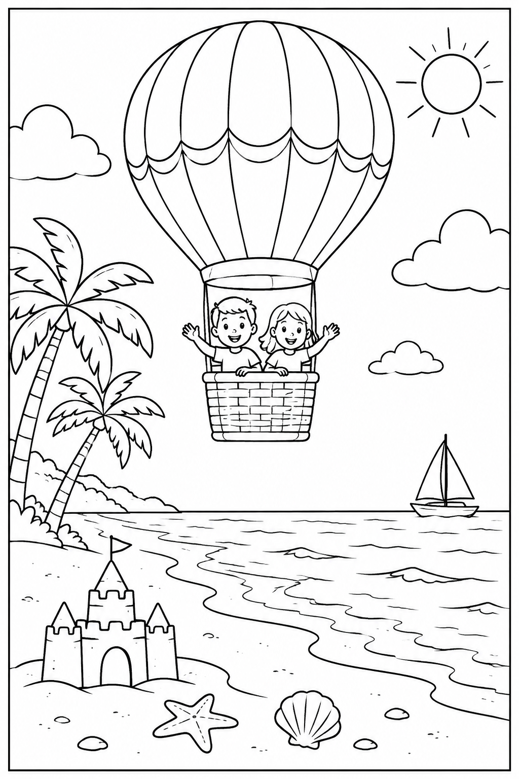 Luchtballon — Op het strand — zwart-wit kleurplaat