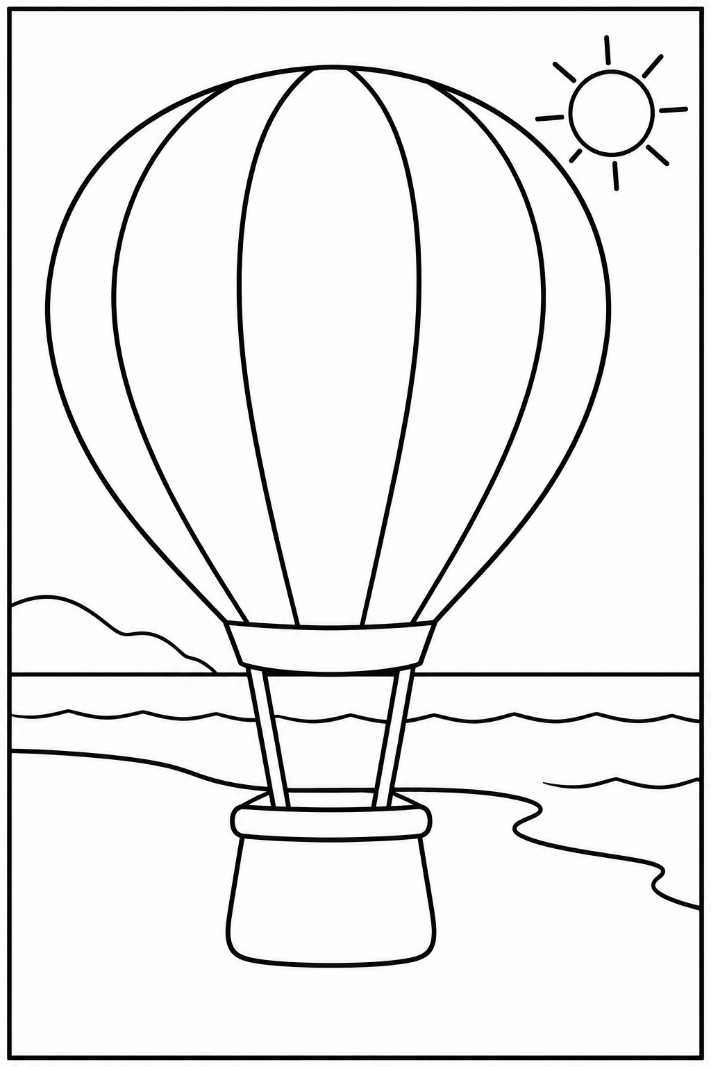 Luchtballon — Op het strand — zwart-wit kleurplaat