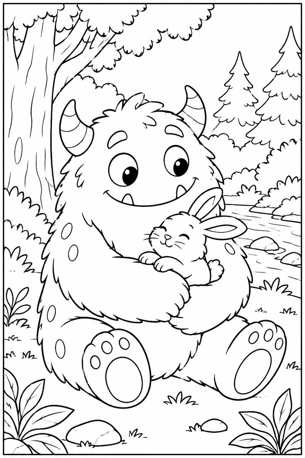 Lief monster — In het bos — zwart-wit kleurplaat