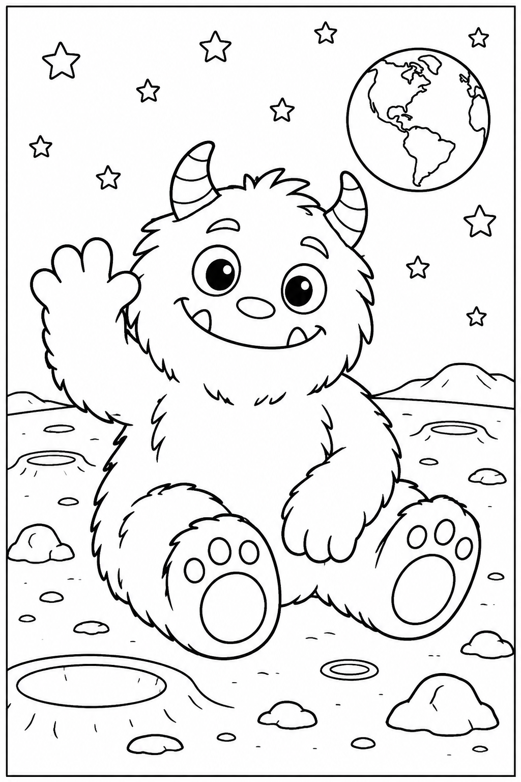 Lief monster — Op de maan — zwart-wit kleurplaat