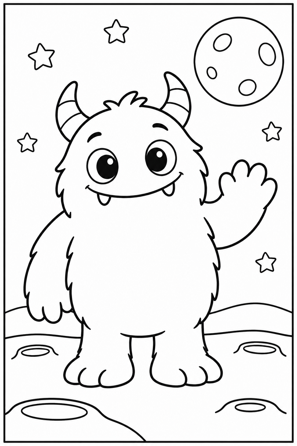 Lief monster — Op de maan — zwart-wit kleurplaat