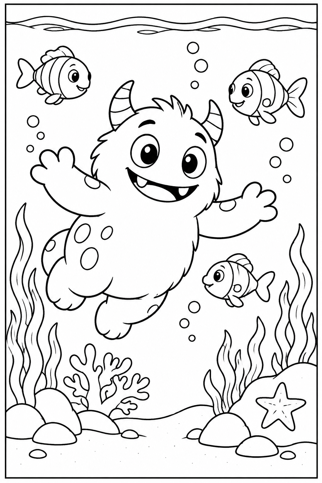 Lief monster — Onder water — zwart-wit kleurplaat