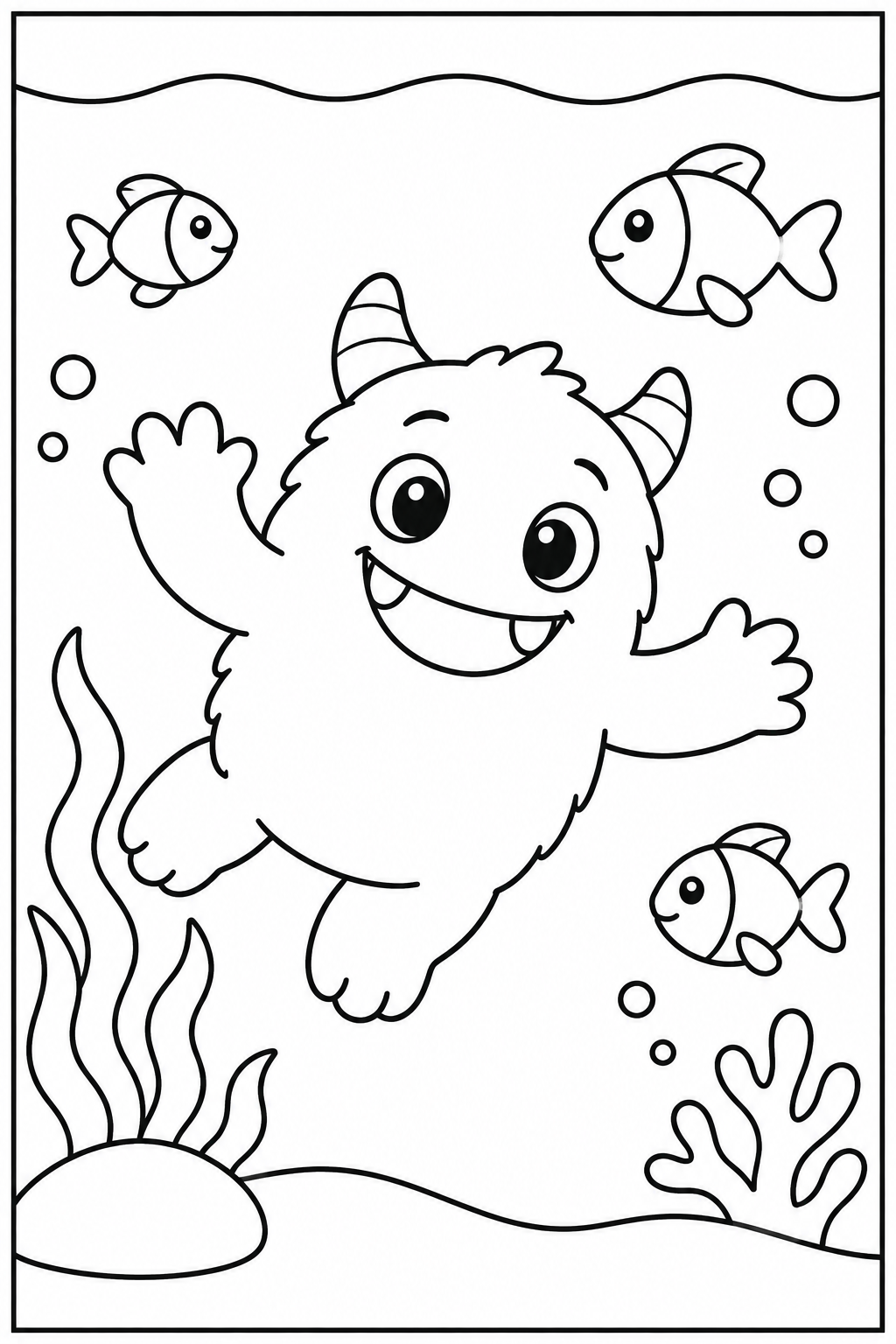 Lief monster — Onder water — zwart-wit kleurplaat