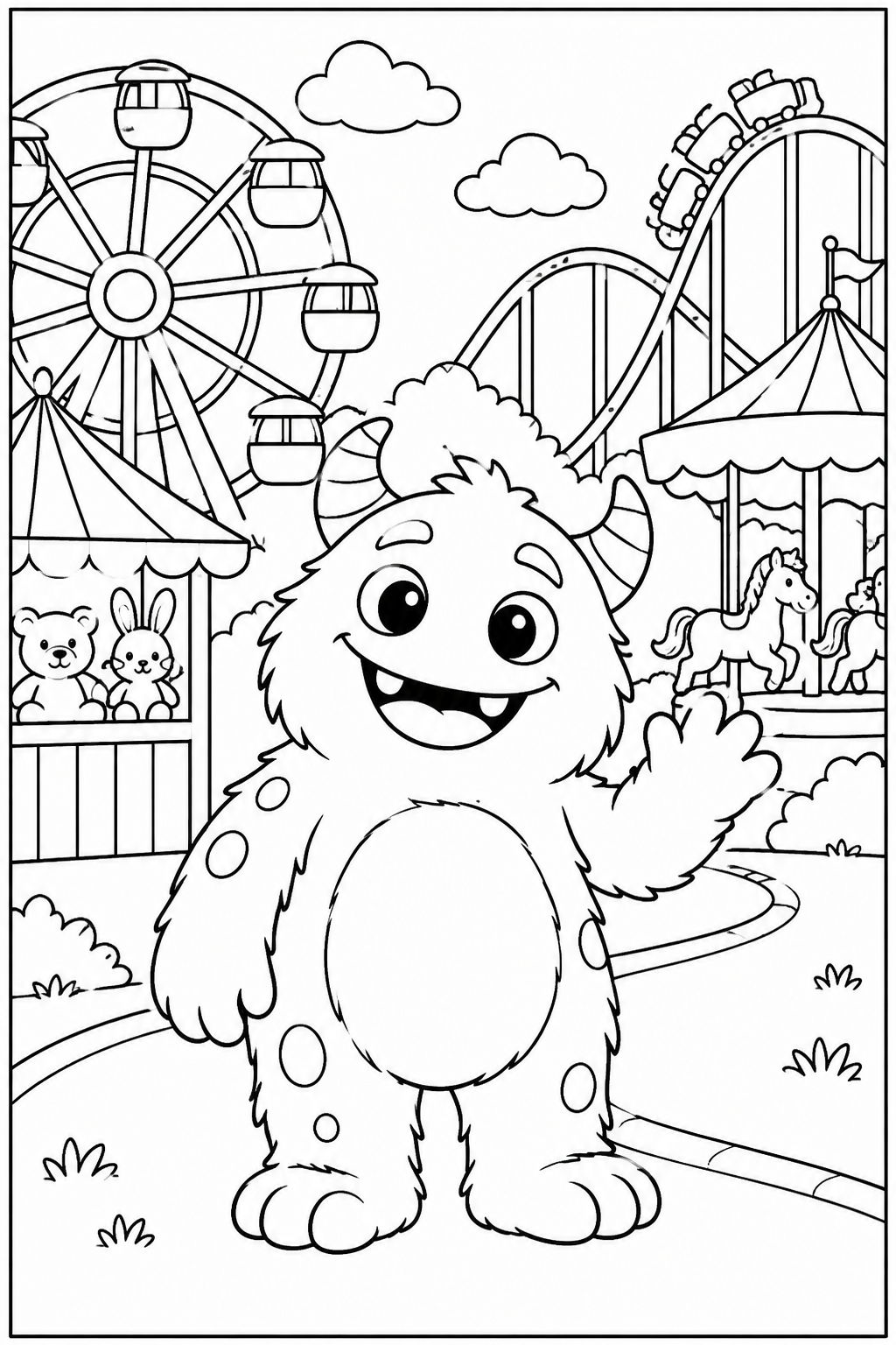Lief monster — In het pretpark — zwart-wit kleurplaat