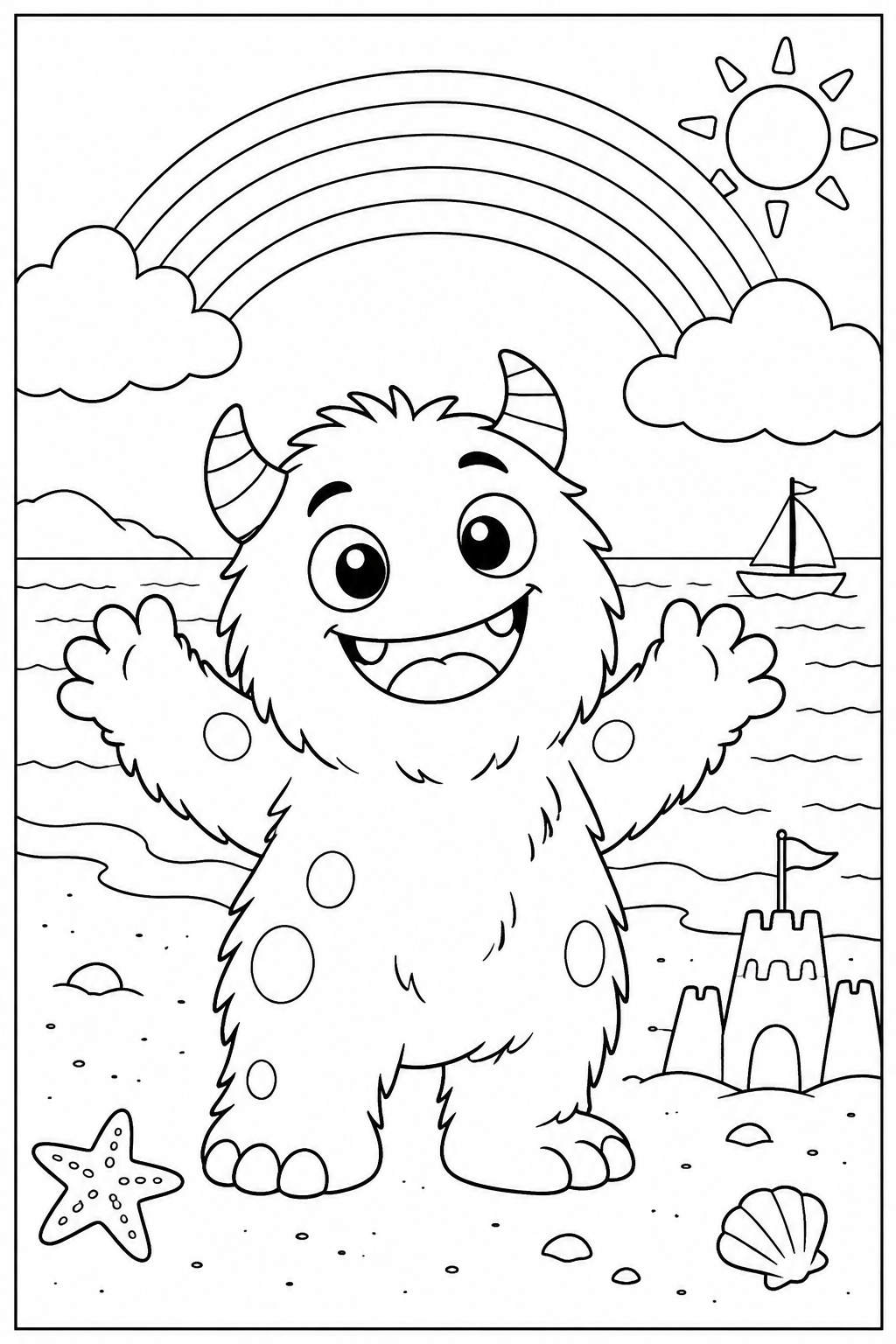 Lief monster — Bij de regenboog — zwart-wit kleurplaat