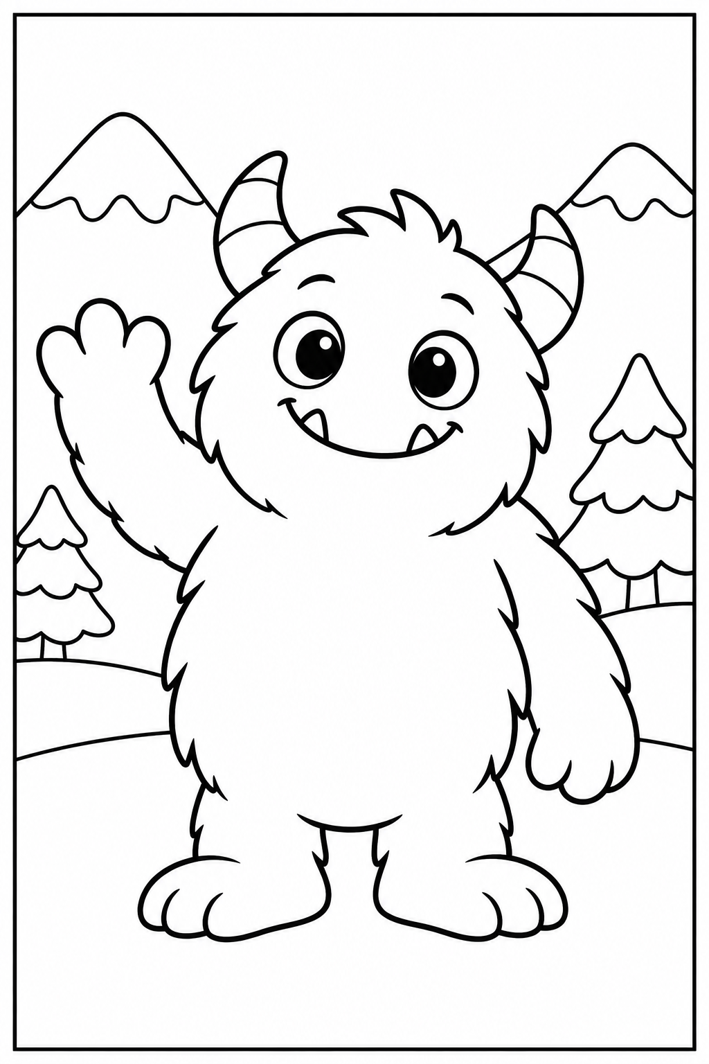 Lief monster — In de sneeuw — zwart-wit kleurplaat