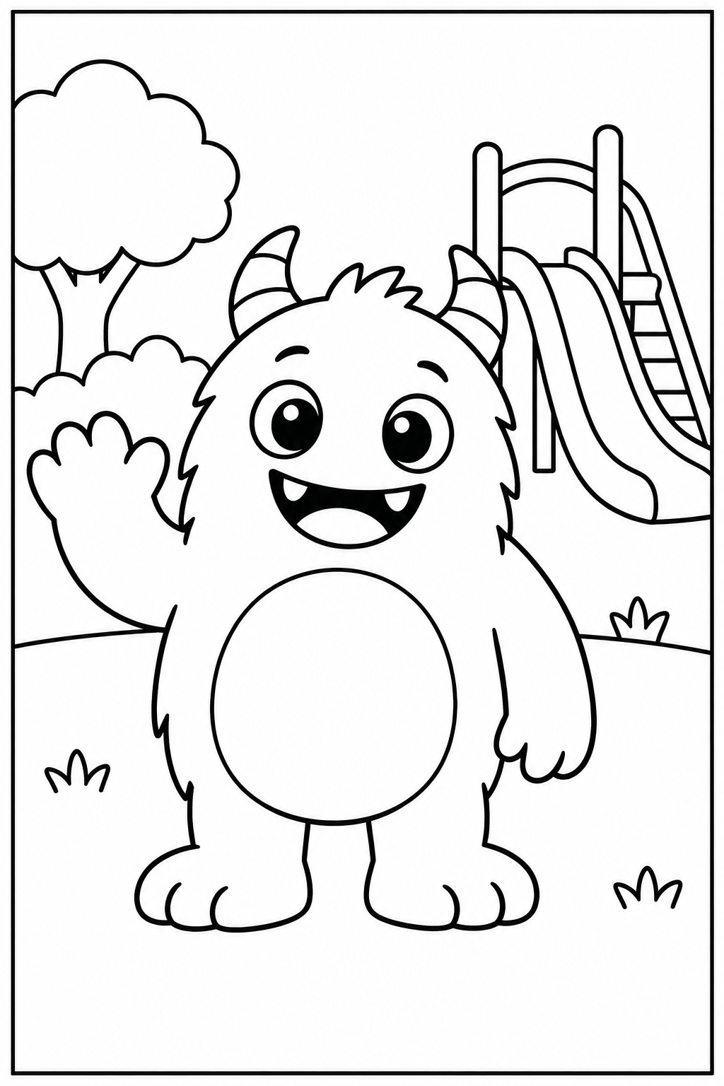Lief monster — In de speeltuin — zwart-wit kleurplaat