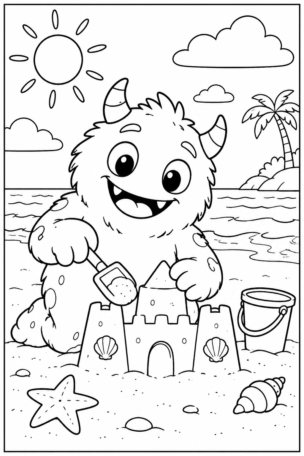 Lief monster — Op het strand — zwart-wit kleurplaat