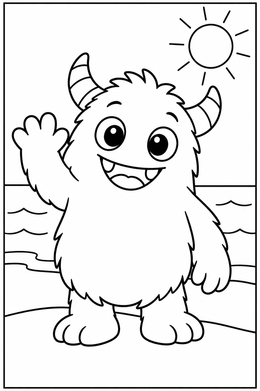 Lief monster — Op het strand — zwart-wit kleurplaat