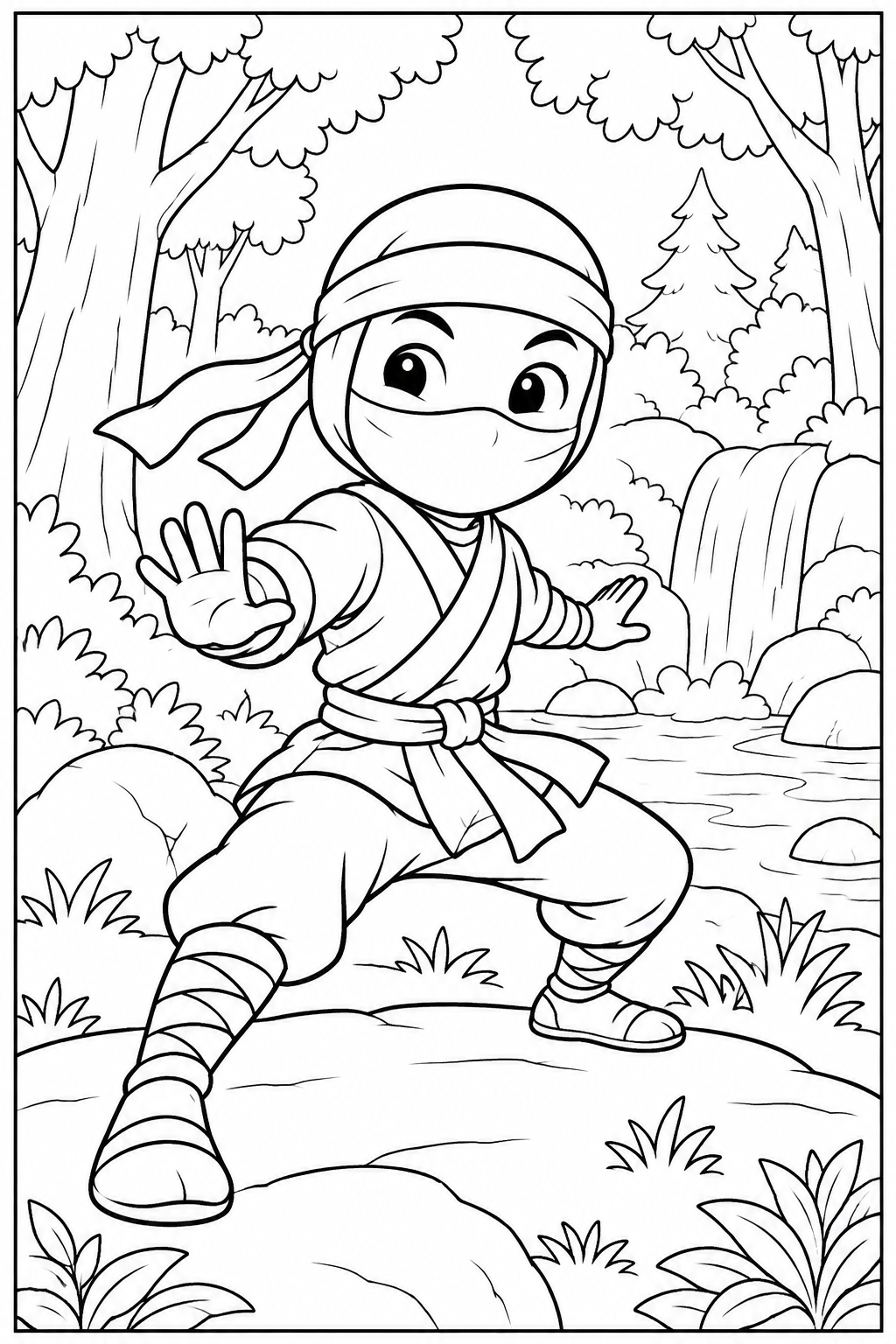 Ninja — In het bos — zwart-wit kleurplaat