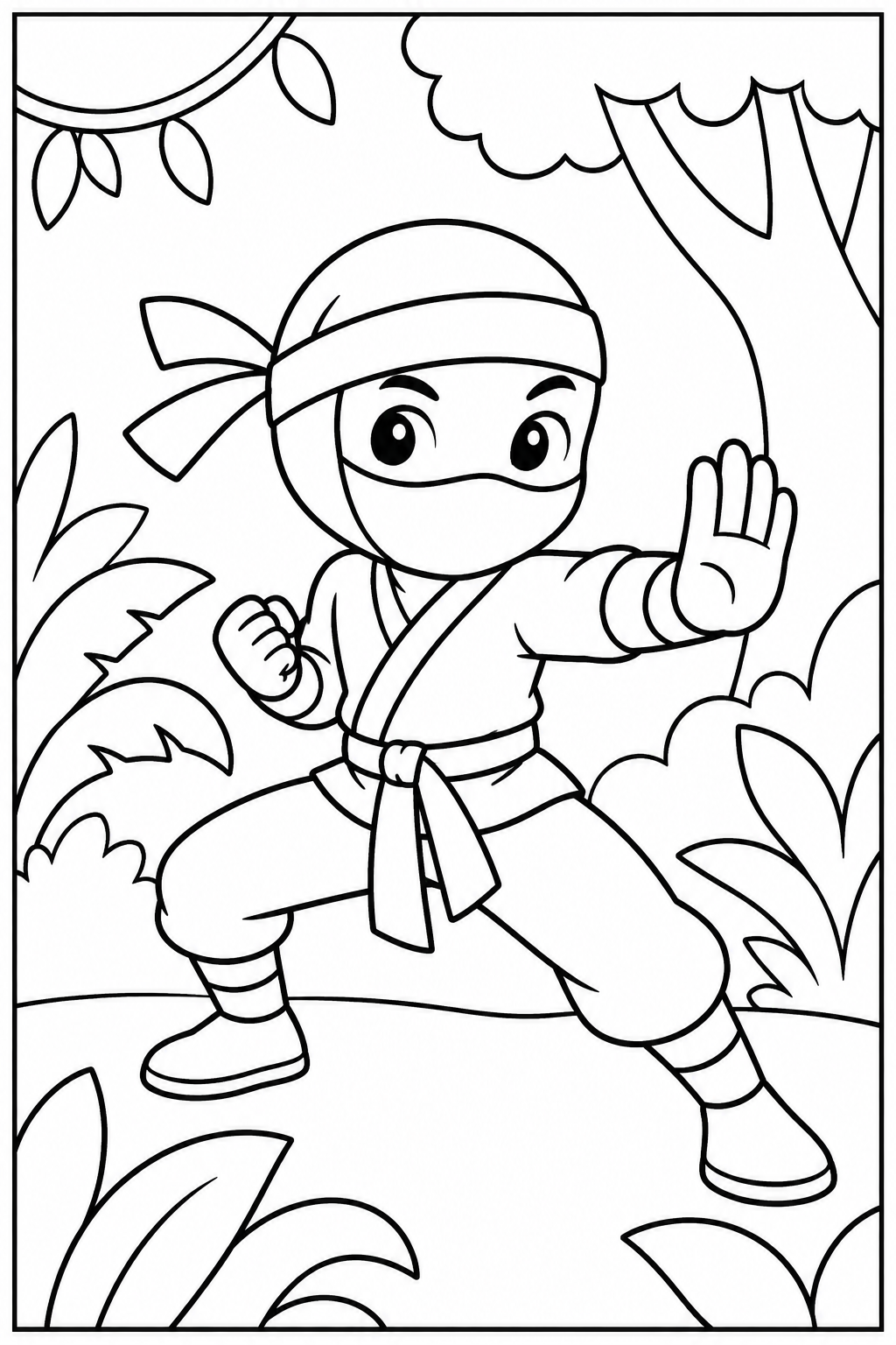 Ninja — In de jungle — zwart-wit kleurplaat