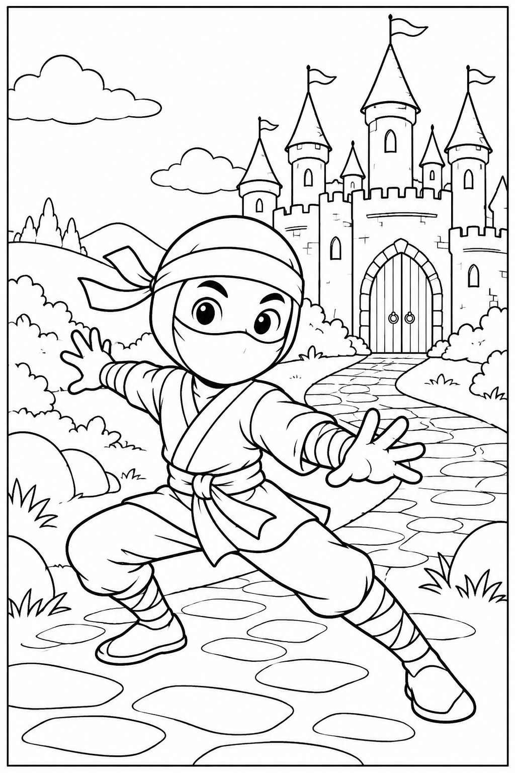 Ninja — Bij een kasteel — zwart-wit kleurplaat