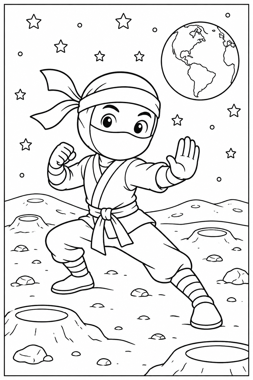 Ninja — Op de maan — zwart-wit kleurplaat