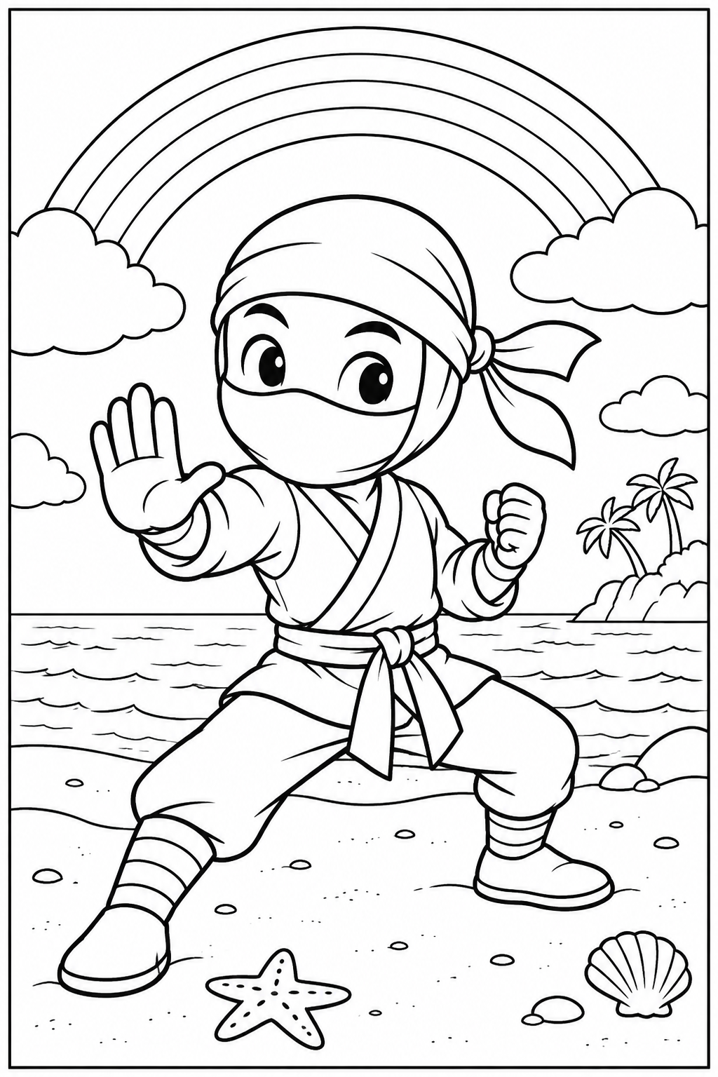 Ninja — Bij de regenboog — zwart-wit kleurplaat