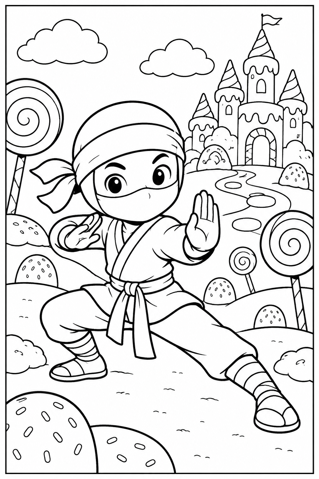 Ninja — Snoepjesland — zwart-wit kleurplaat