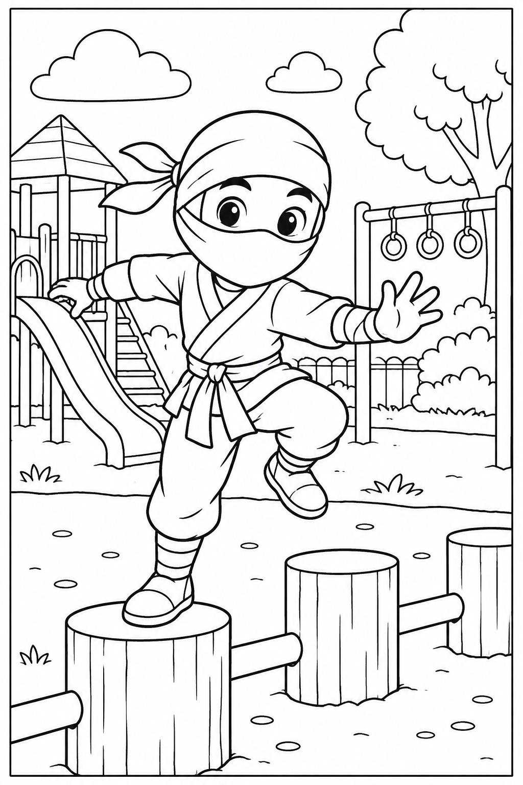 Ninja — In de speeltuin — zwart-wit kleurplaat