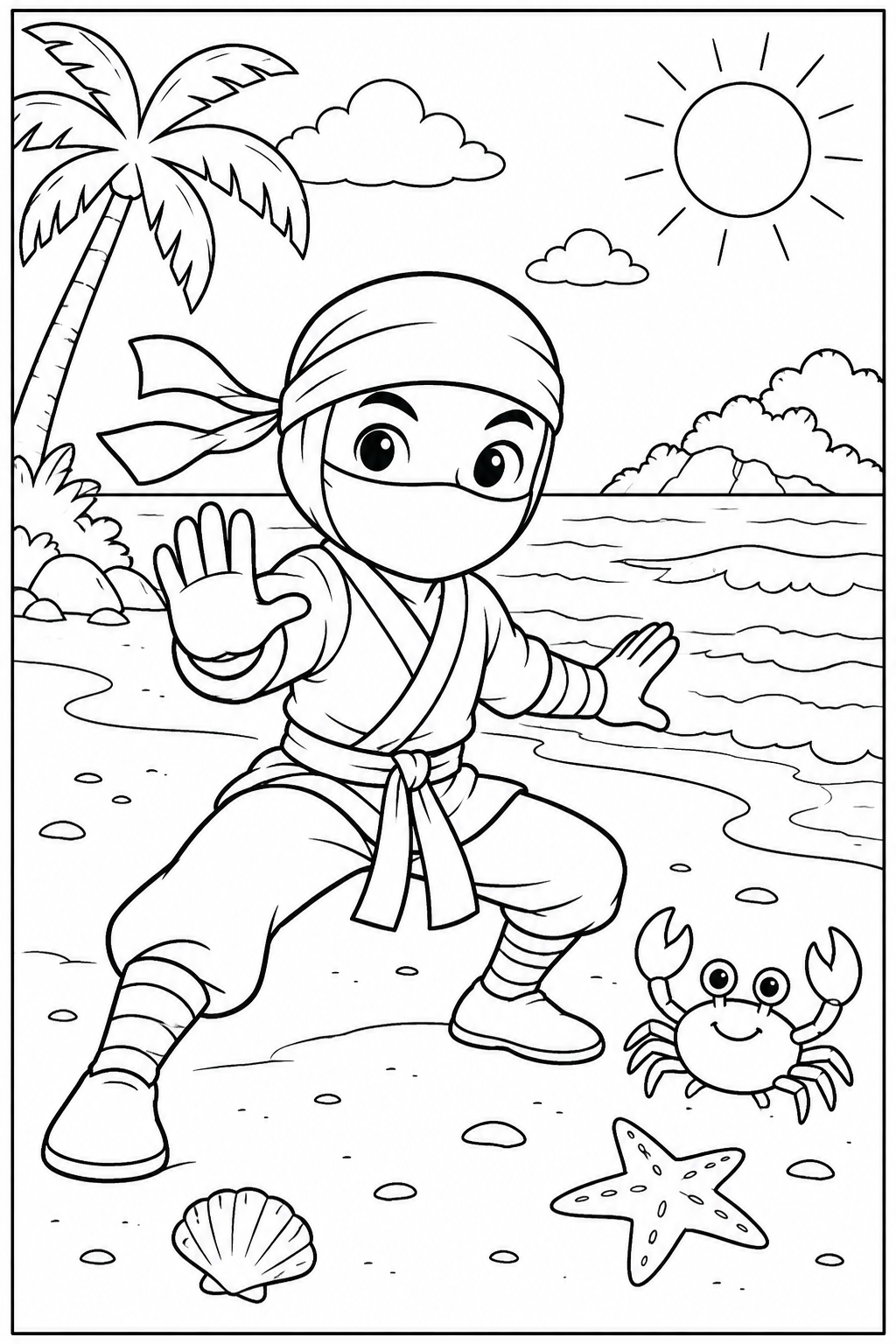 Ninja — Op het strand — zwart-wit kleurplaat