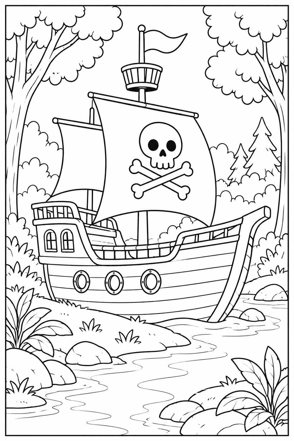 Piratenschip — In het bos — zwart-wit kleurplaat
