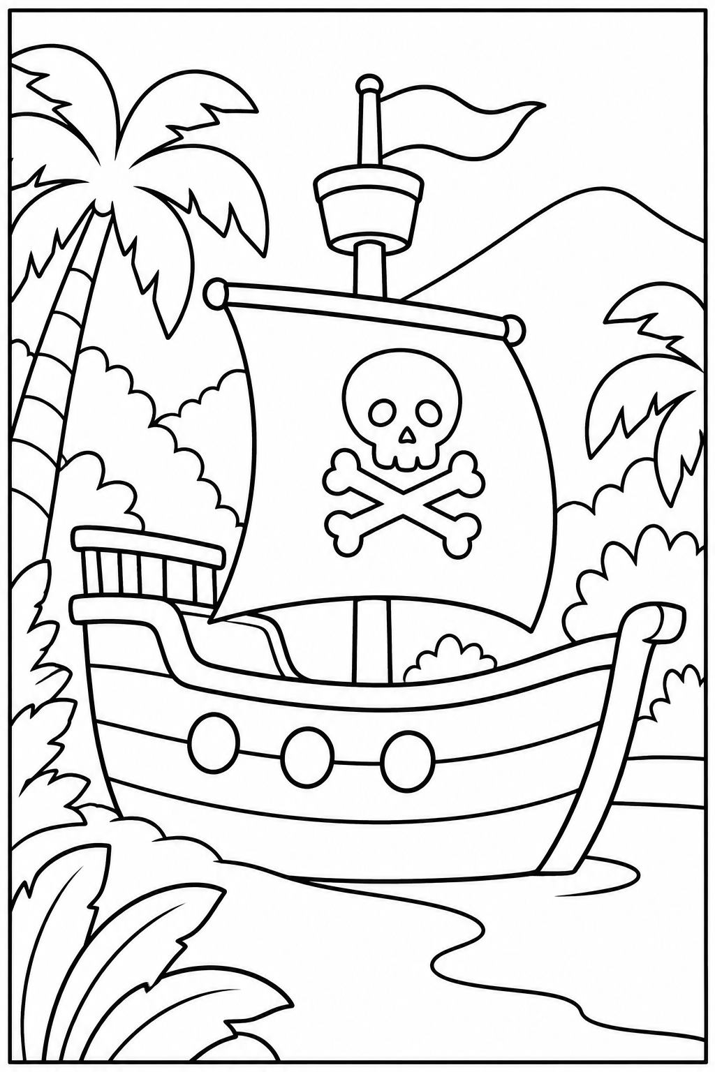 Piratenschip — In de jungle — zwart-wit kleurplaat