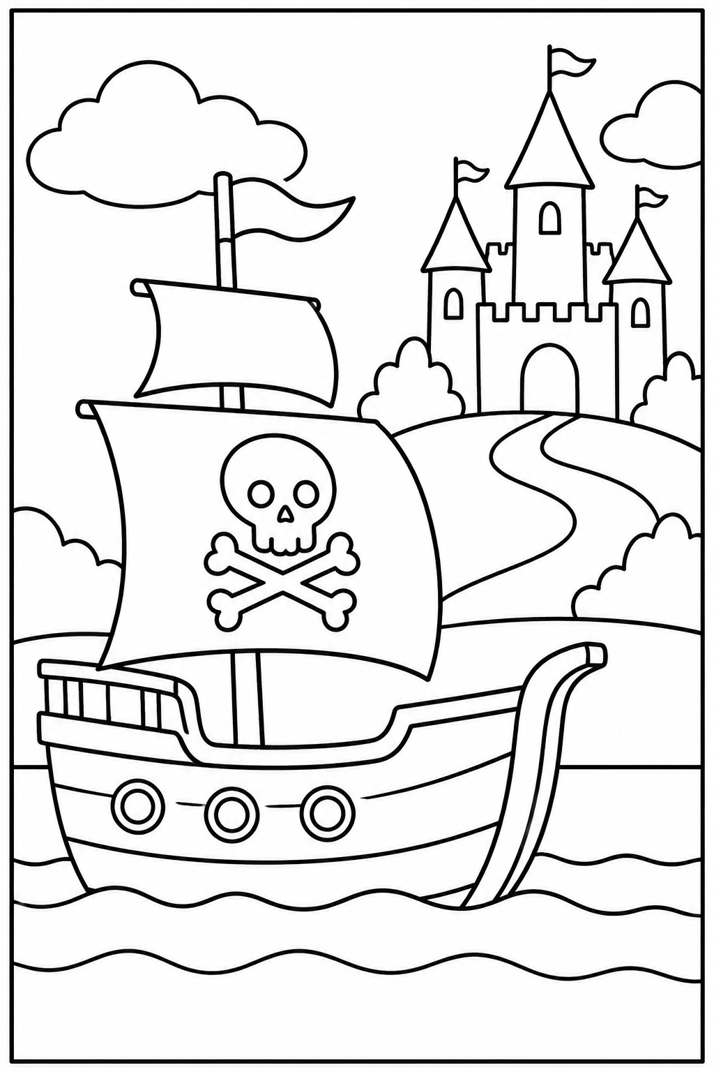 Piratenschip — Bij een kasteel — zwart-wit kleurplaat