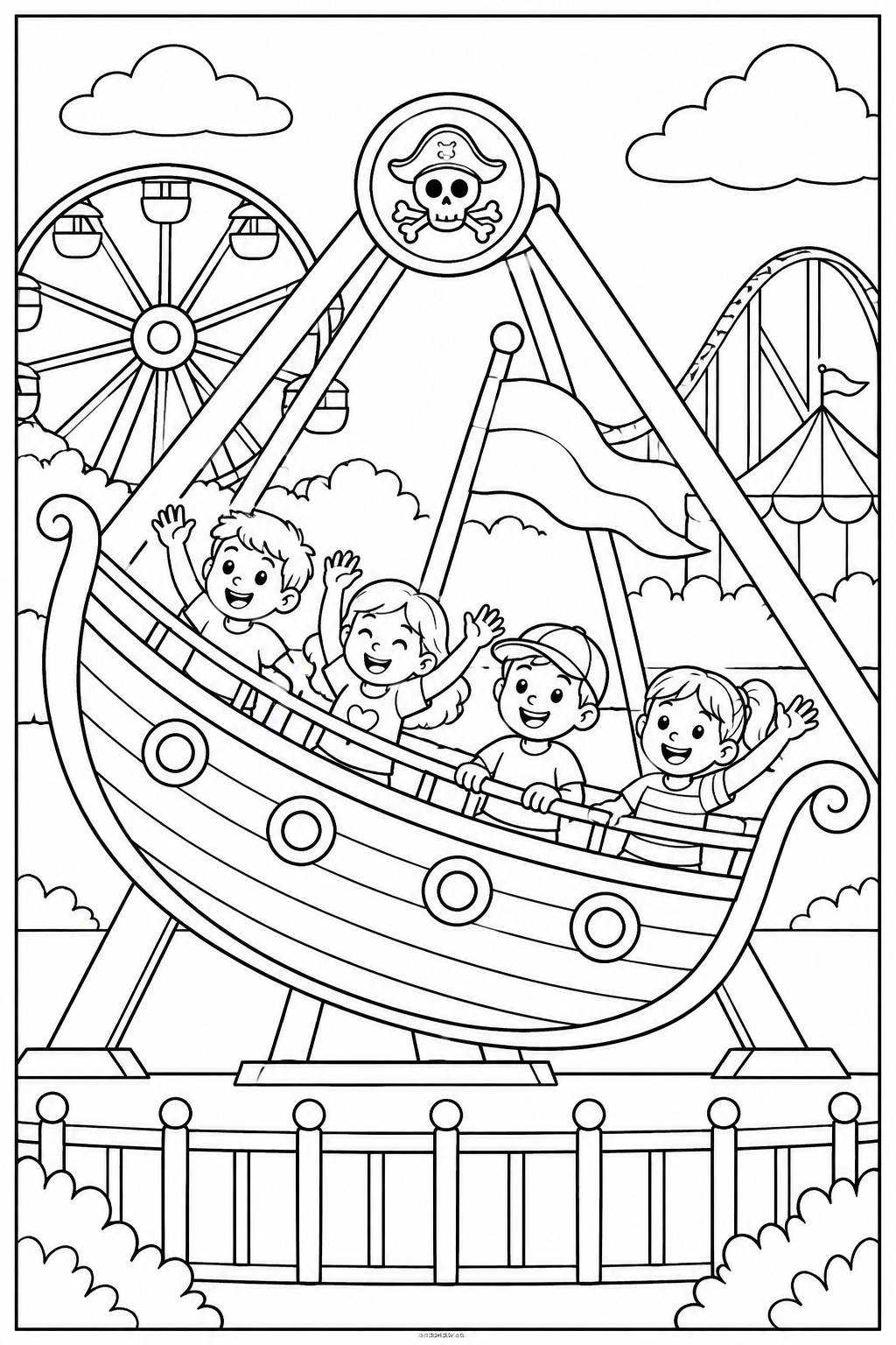 Piratenschip — In het pretpark — zwart-wit kleurplaat