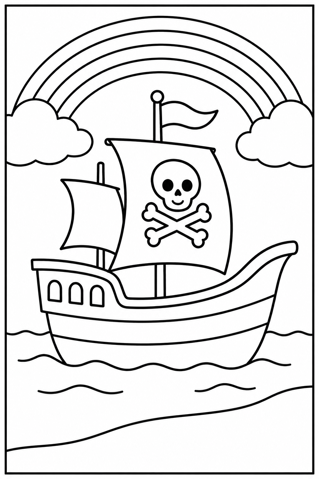 Piratenschip — Bij de regenboog — zwart-wit kleurplaat