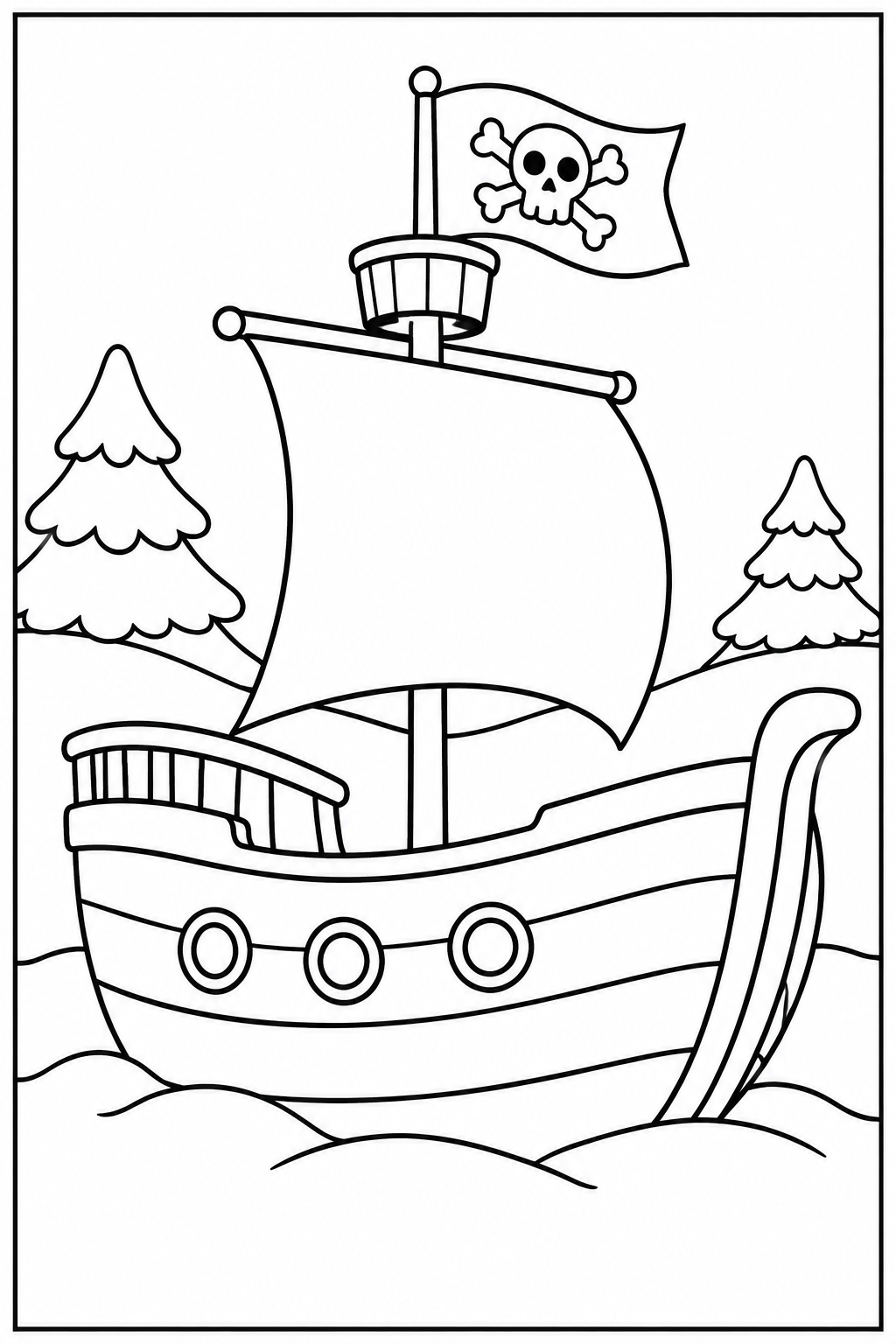 Piratenschip — In de sneeuw — zwart-wit kleurplaat