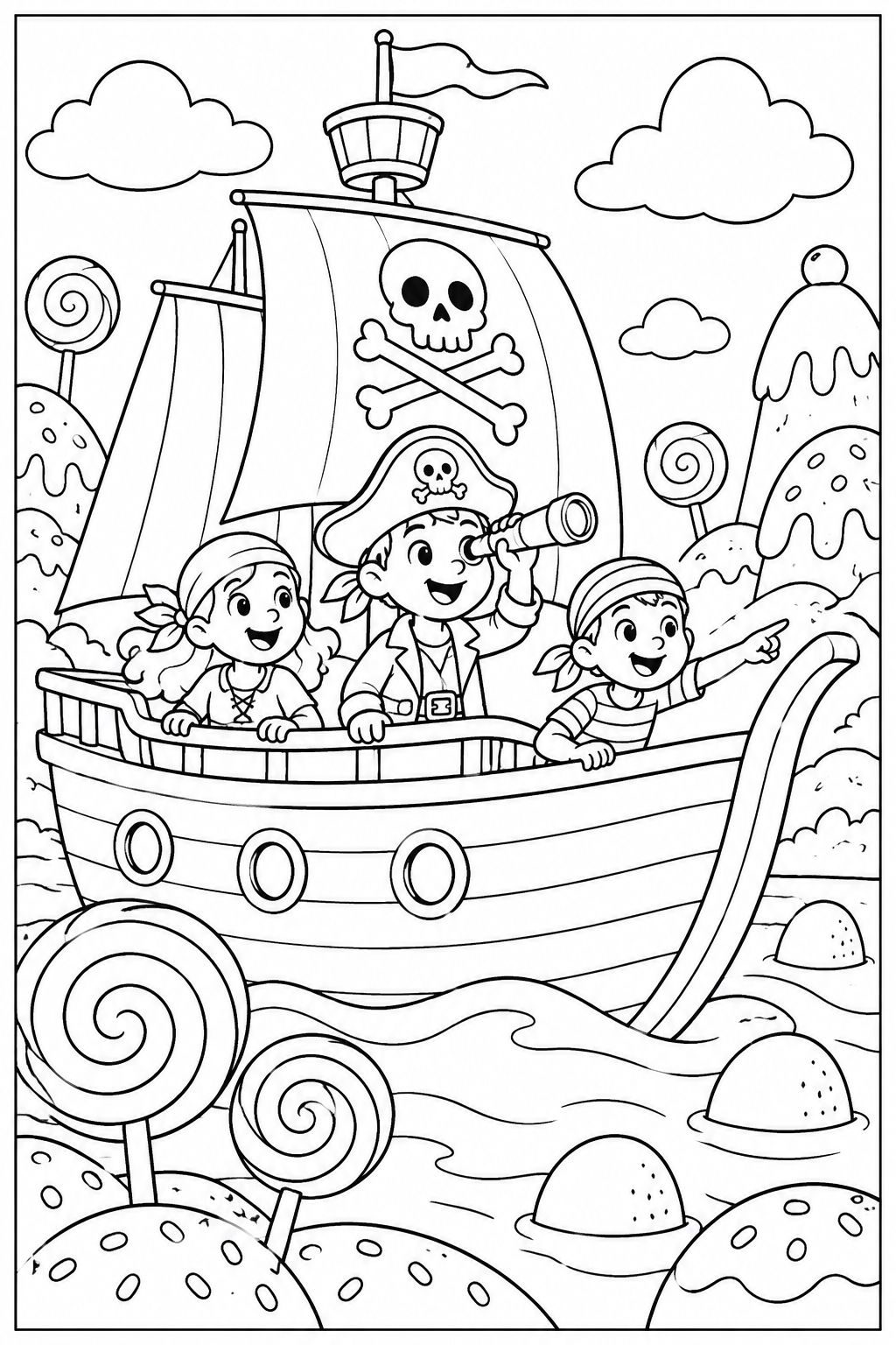 Piratenschip — Snoepjesland — zwart-wit kleurplaat