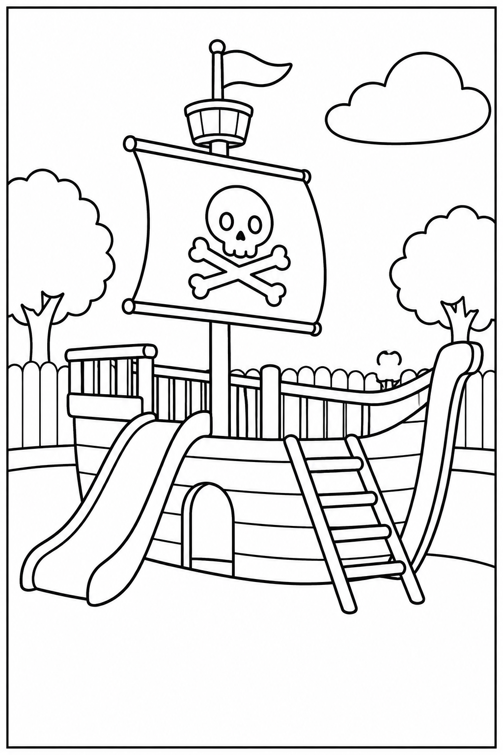 Piratenschip — In de speeltuin — zwart-wit kleurplaat