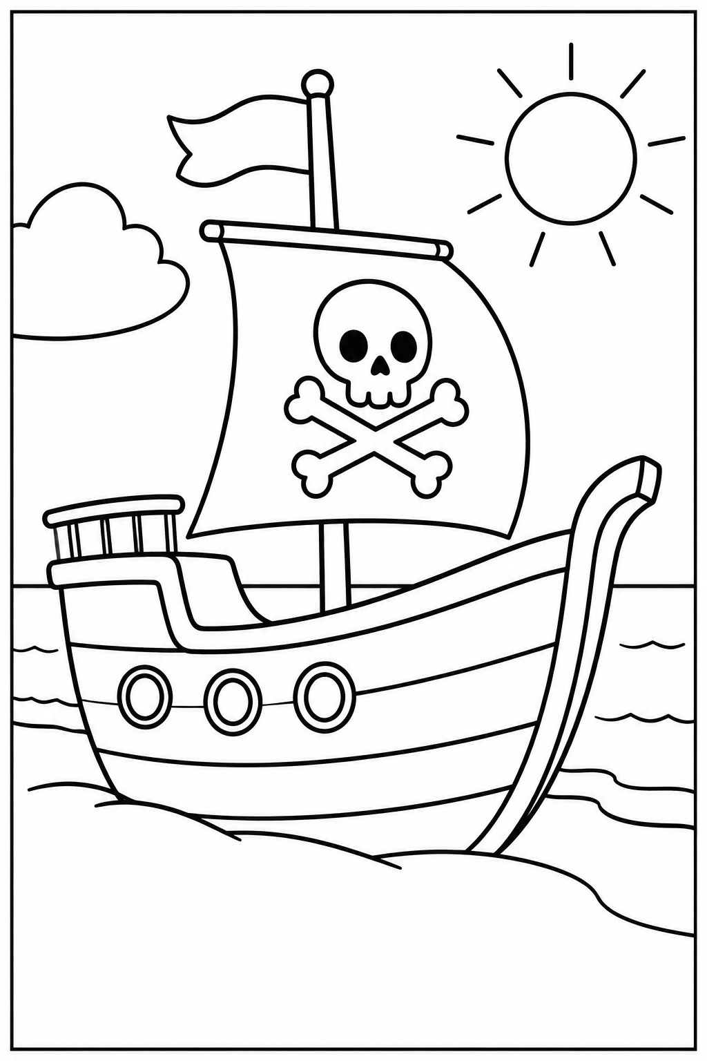 Piratenschip — Op het strand — zwart-wit kleurplaat