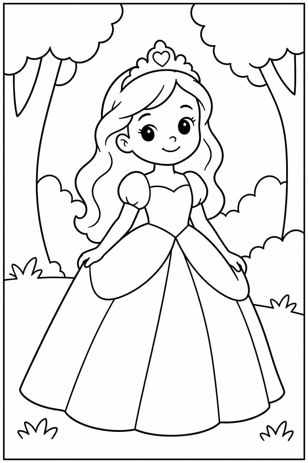 Prinses — In het bos — zwart-wit kleurplaat