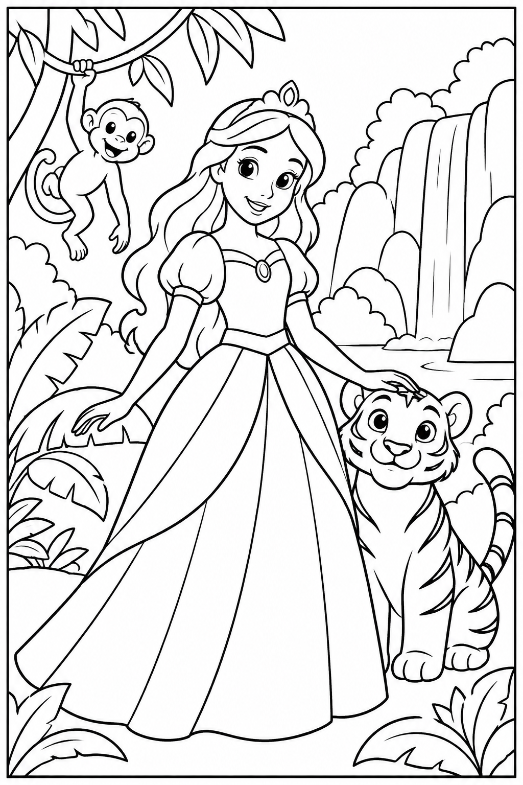 Prinses — In de jungle — zwart-wit kleurplaat